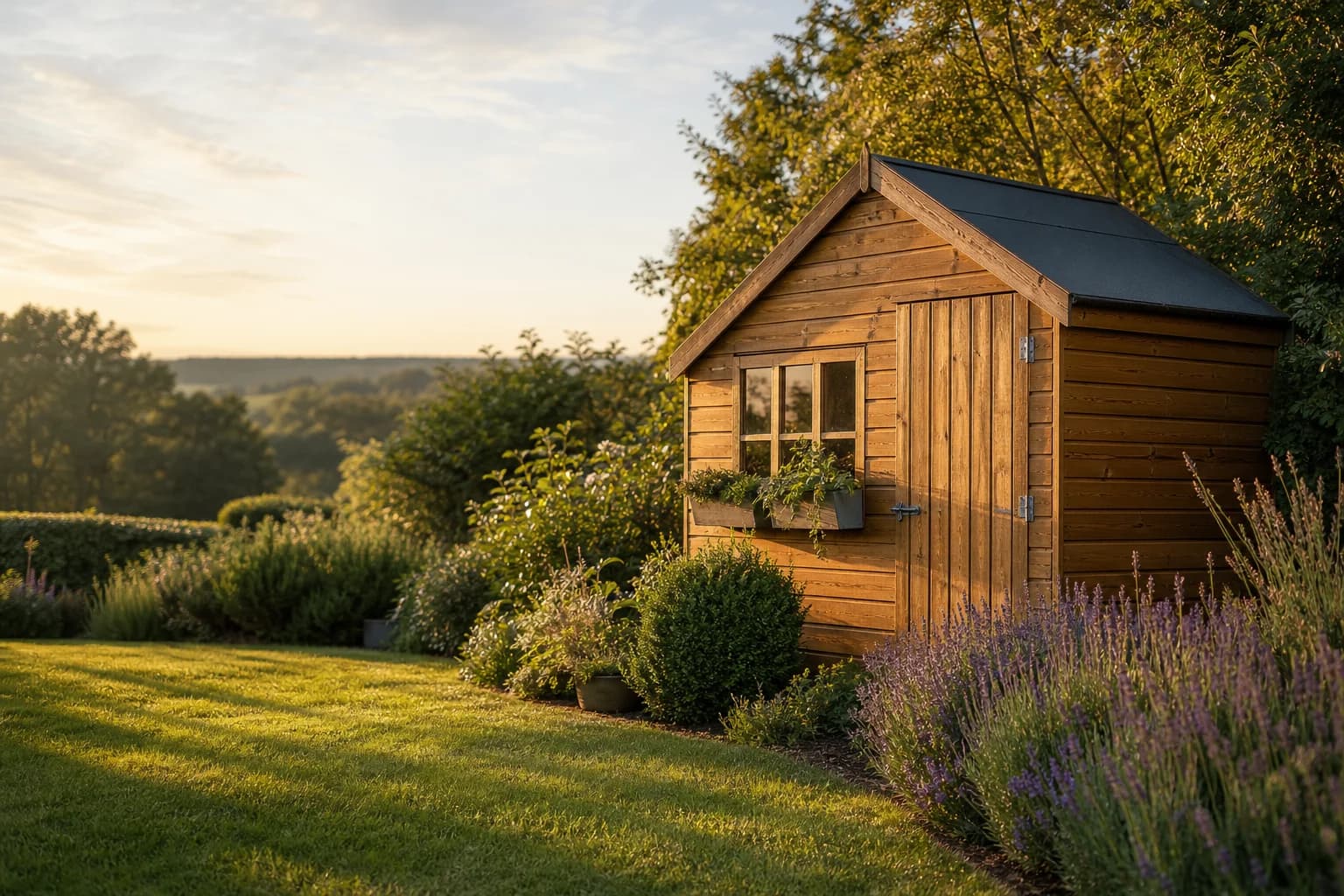 A timber garden shed in a sunlit British garden